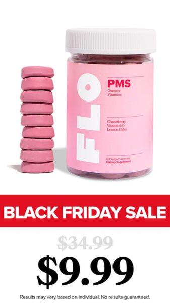 A clean, high-contrast 1:1 square graphic featuring a bottle of PMS gummy vitamins alongside a stack of gummies, highlighting a massive price drop for a Black Friday promotion.